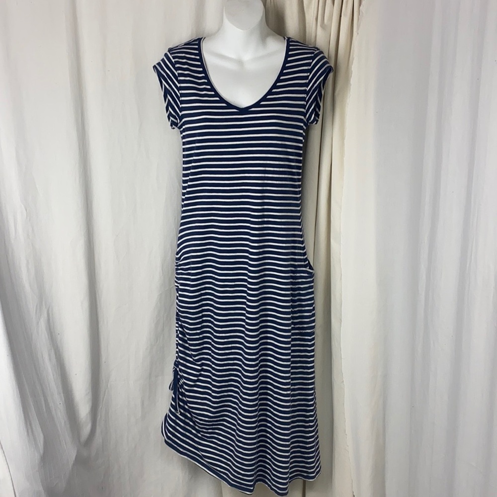 Toad & Co S MUSE Blue White Striped Ruched Side Dress Pocket Cap Sleeve Midi